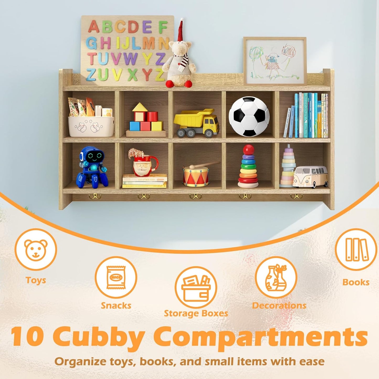 Wall Cubbies, 10 Cubby Storage Organizer with Coat Hooks, (White Oak),  for Toys, Bags and Books, Used in School
