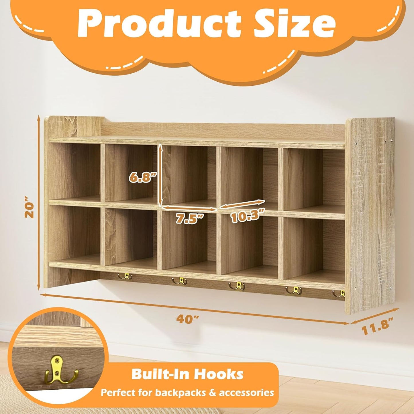 Wall Cubbies, 10 Cubby Storage Organizer with Coat Hooks, (White Oak),  for Toys, Bags and Books, Used in School