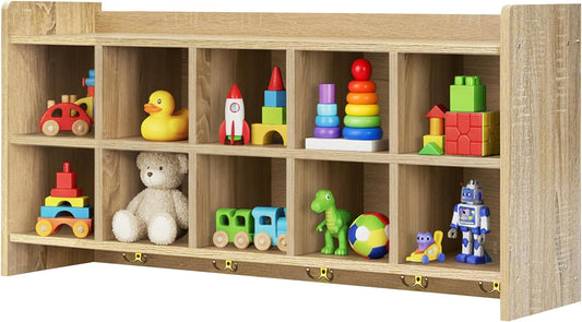 Wall Cubbies, 10 Cubby Storage Organizer with Coat Hooks, (White Oak),  for Toys, Bags and Books, Used in School