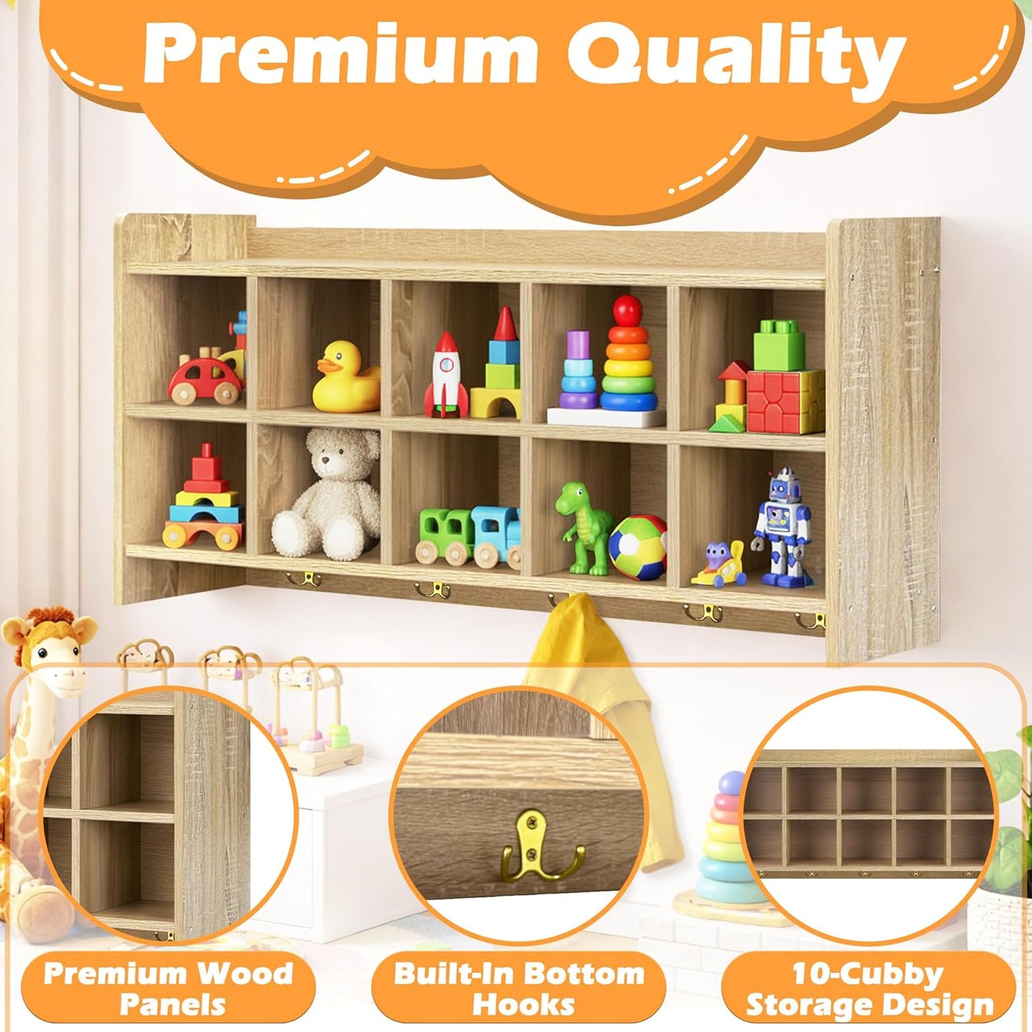 Wall Cubbies, 10 Cubby Storage Organizer with Coat Hooks, (White Oak),  for Toys, Bags and Books, Used in School