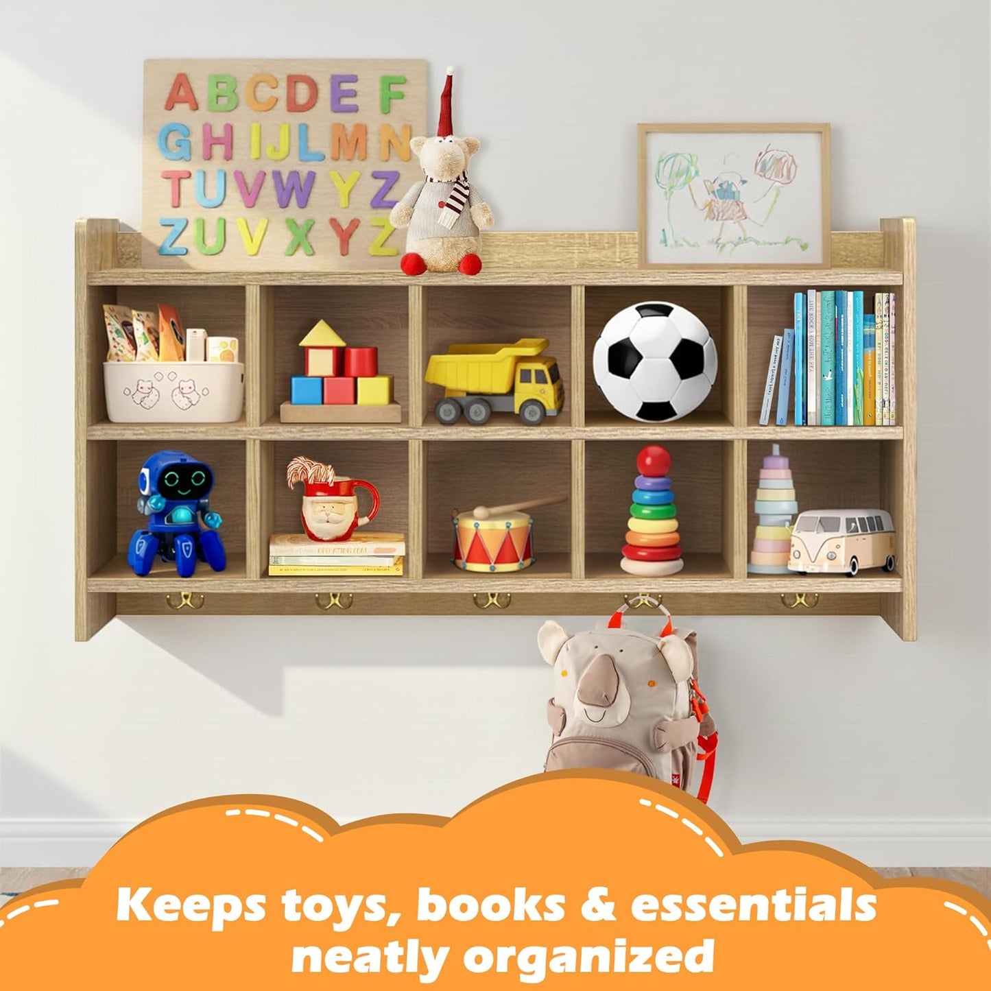 Wall Cubbies, 10 Cubby Storage Organizer with Coat Hooks, (White Oak),  for Toys, Bags and Books, Used in School