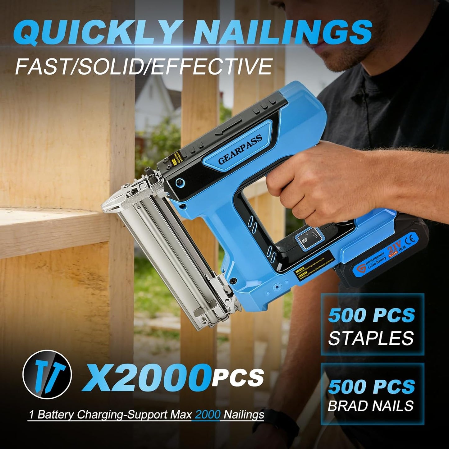 Cordless 18 Gauge Brad Nailer, 2-in-1 21V Nail Gun with 2×2.0Ah Batteries & Charger, Adjustable Depth, Nail Included