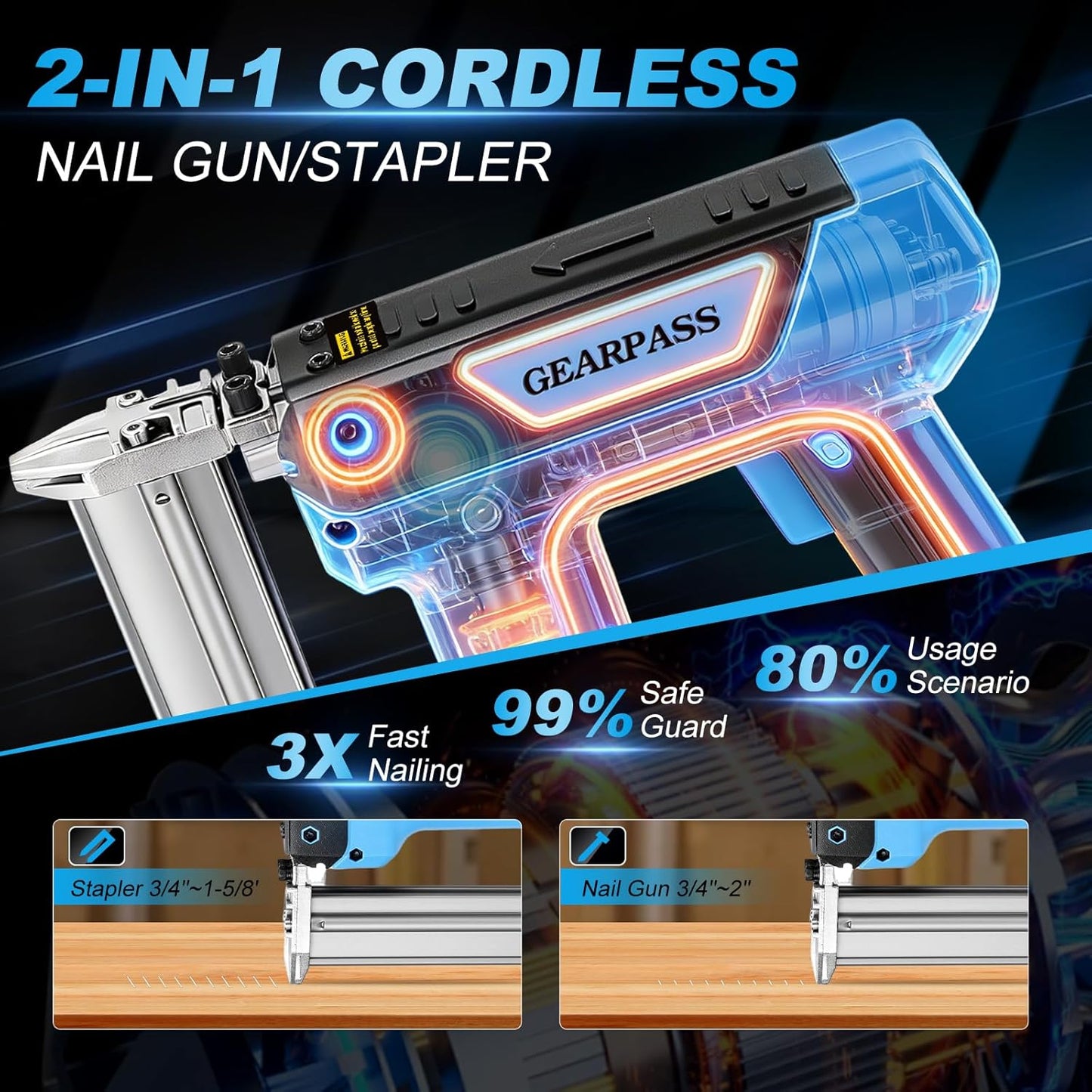 Cordless 18 Gauge Brad Nailer, 2-in-1 21V Nail Gun with 2×2.0Ah Batteries & Charger, Adjustable Depth, Nail Included