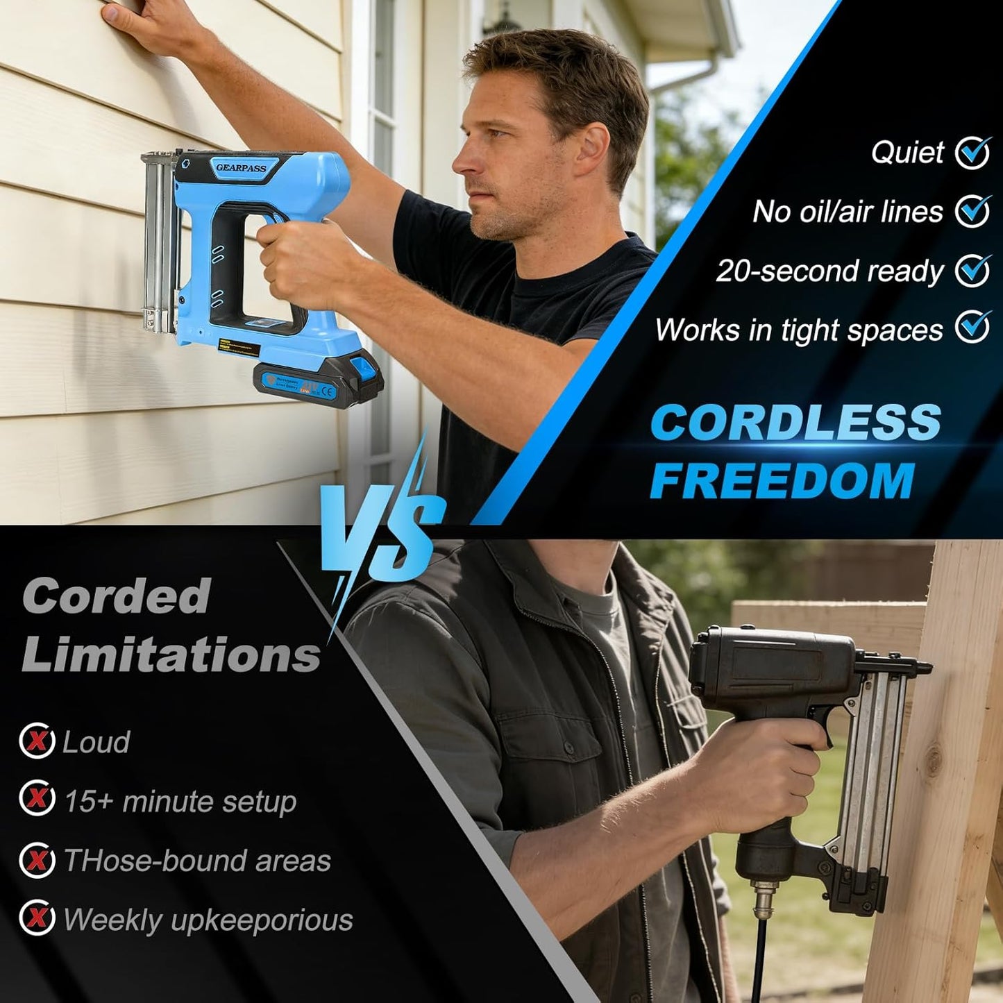 Cordless 18 Gauge Brad Nailer, 2-in-1 21V Nail Gun with 2×2.0Ah Batteries & Charger, Adjustable Depth, Nail Included