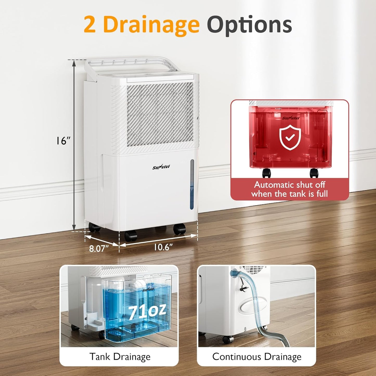 25 Pint Dehumidifier with Drain Hose for Rooms up to 1500 Sq.Ft, 71OZ Tank, Auto Shut Off, 24H Timer