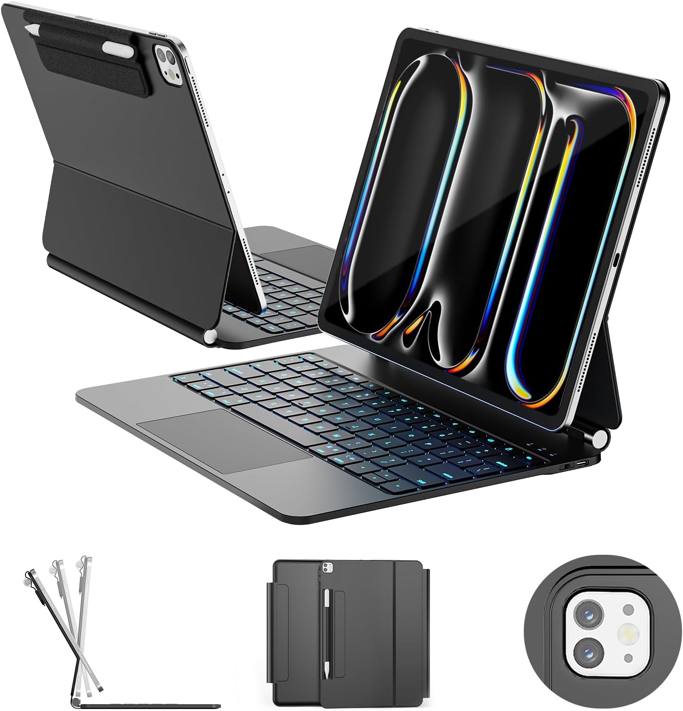 Ipad Pro 13' Case with Keyboard, and Pencil Buckle, Multi-Touch Trackpad, Magnetic Stand, Black