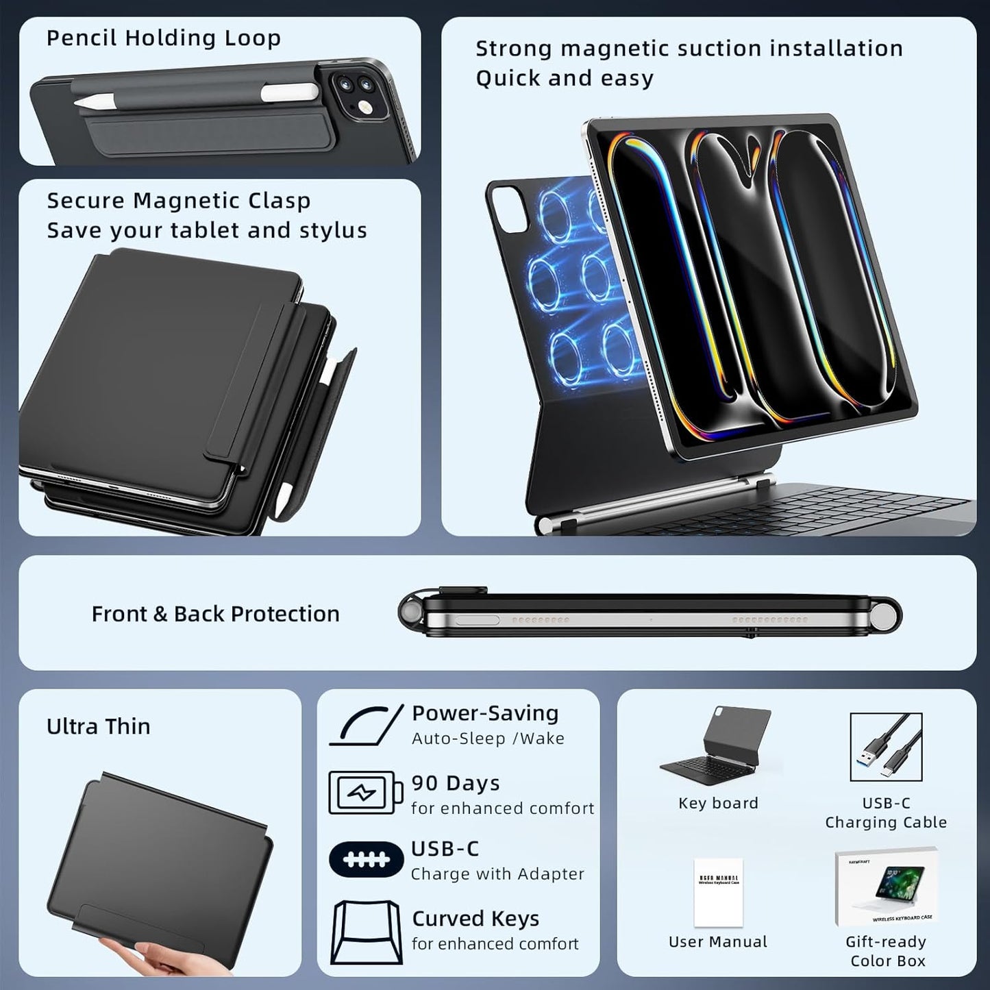 Ipad Pro 13' Case with Keyboard, and Pencil Buckle, Multi-Touch Trackpad, Magnetic Stand, Black