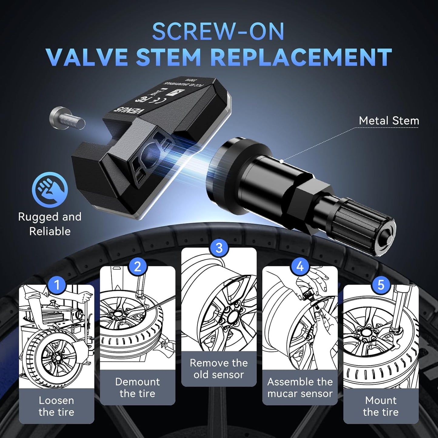 VENU5 TPMS Sensor Set of 4, Activation Relearn by Universal TPMS Tool, Tire Pressure Sensor 2-in-1