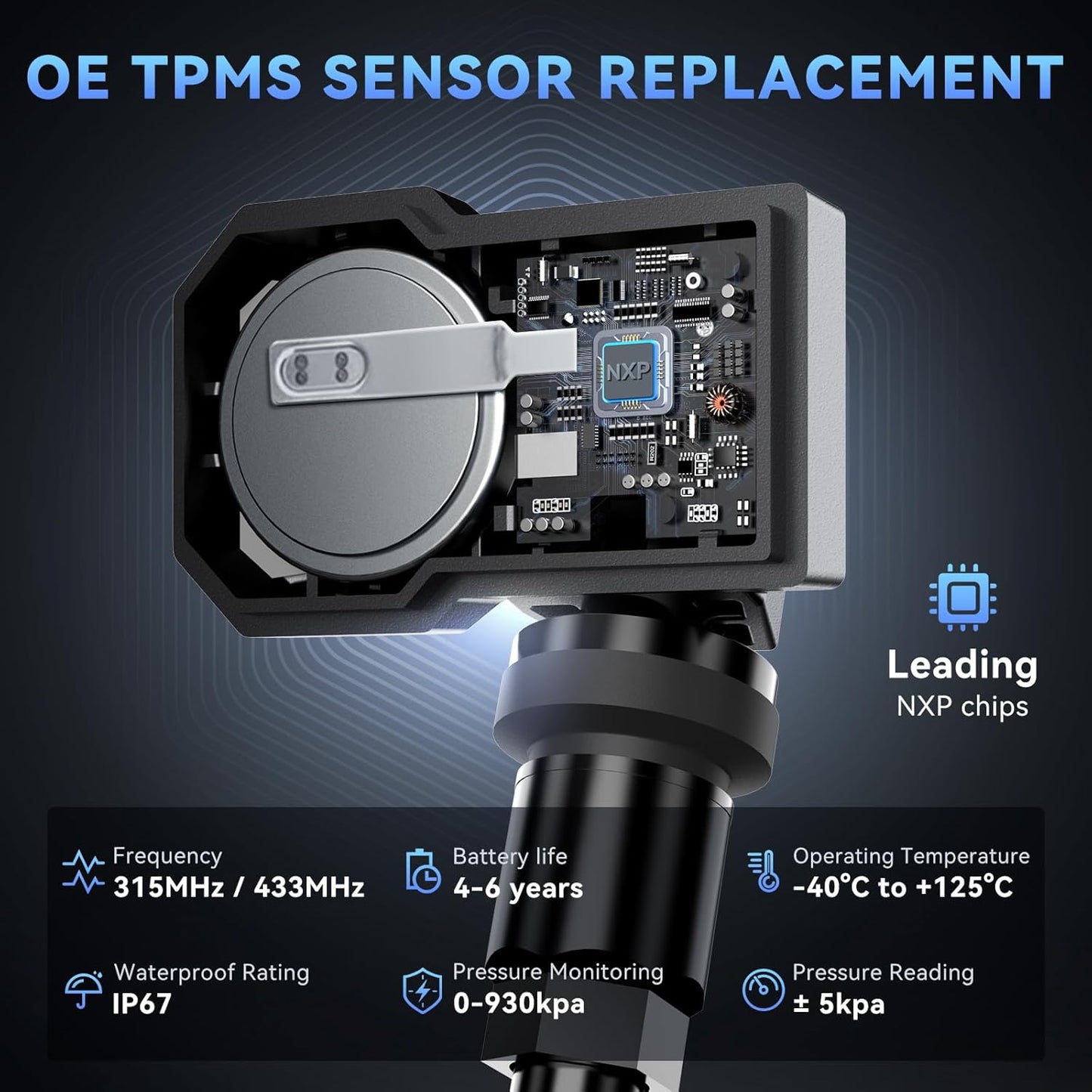 VENU5 TPMS Sensor Set of 4, Activation Relearn by Universal TPMS Tool, Tire Pressure Sensor 2-in-1