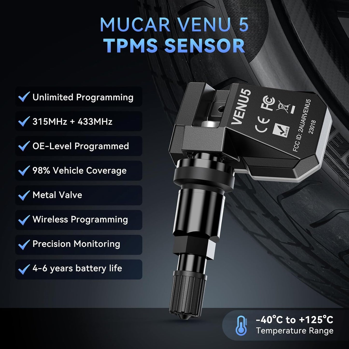 VENU5 TPMS Sensor Set of 4, Activation Relearn by Universal TPMS Tool, Tire Pressure Sensor 2-in-1
