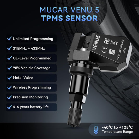 VENU5 TPMS Sensor Set of 4, Activation Relearn by Universal TPMS Tool, Tire Pressure Sensor 2-in-1