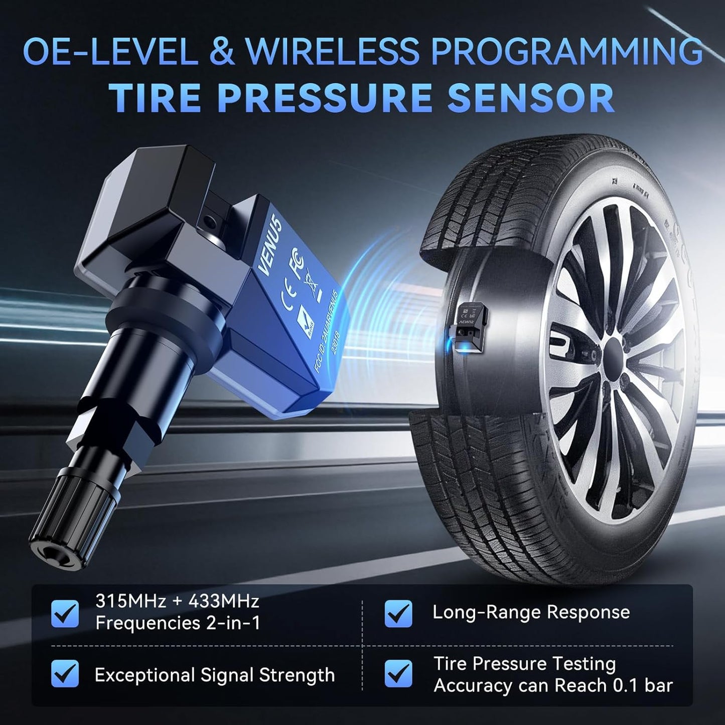 VENU5 TPMS Sensor Set of 4, Activation Relearn by Universal TPMS Tool, Tire Pressure Sensor 2-in-1