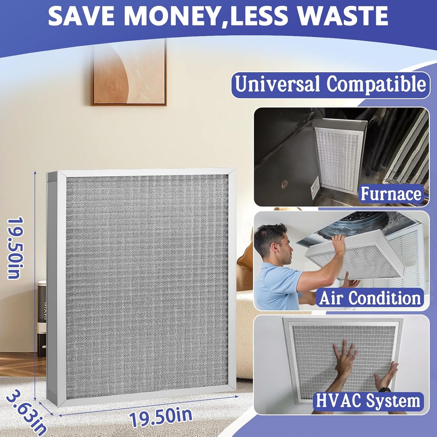 Upgraded 20x20x4 Reusable AC Furnace Filter, Washable, MERV 11 Filter, Actual Size:19.50x19.50x3.63