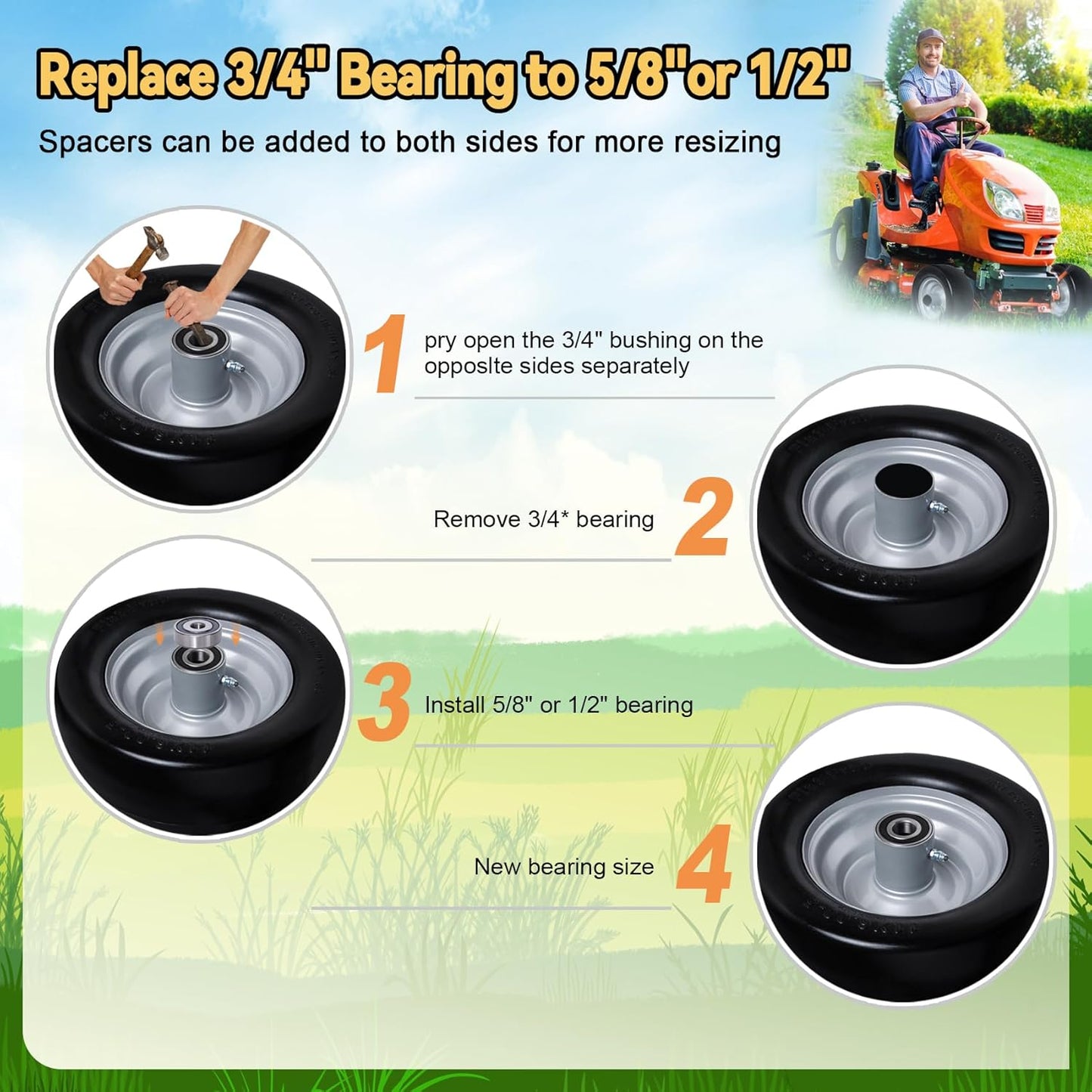 11x6.00-5 Zero Turn Flat Free Tires for Mower Front Tires with Upgraded 3/4', 5/8' and 1/2' Bearings