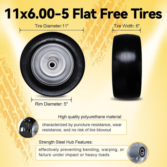 11x6.00-5 Zero Turn Flat Free Tires for Mower Front Tires with Upgraded 3/4', 5/8' and 1/2' Bearings