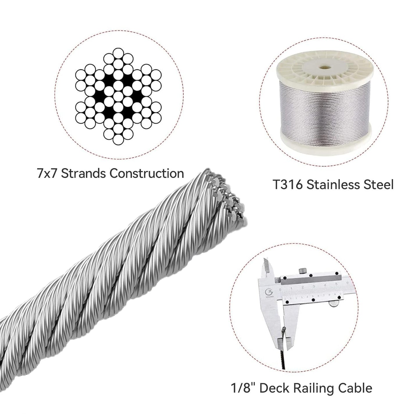 1/8 T316 Stainless Steel Cable with Cutter7x7, for Deck Railing, Porch Fence 1300FT