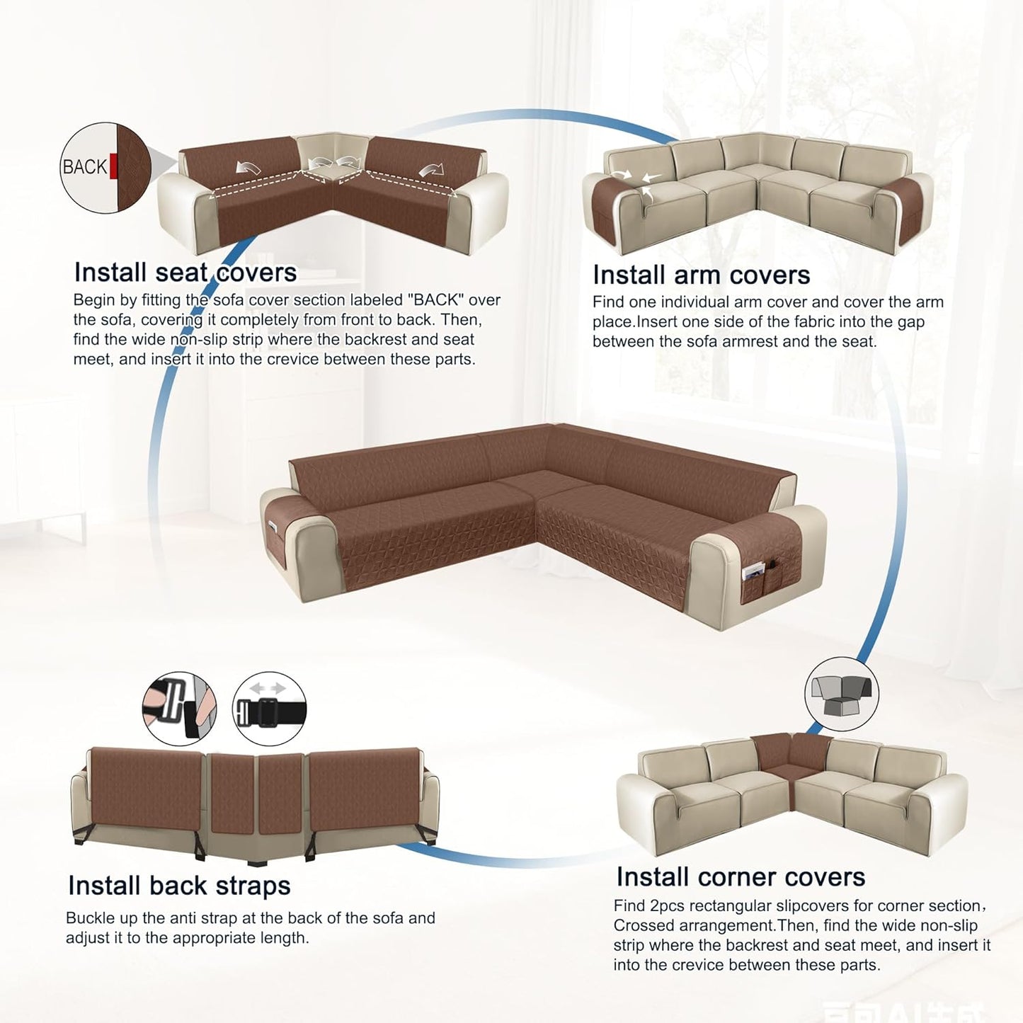 Corner Sectional Couch Covers Washable L Shape Sofa Cover, with Adjustable Strap  for Pet Dog (X-Large, Coffee)