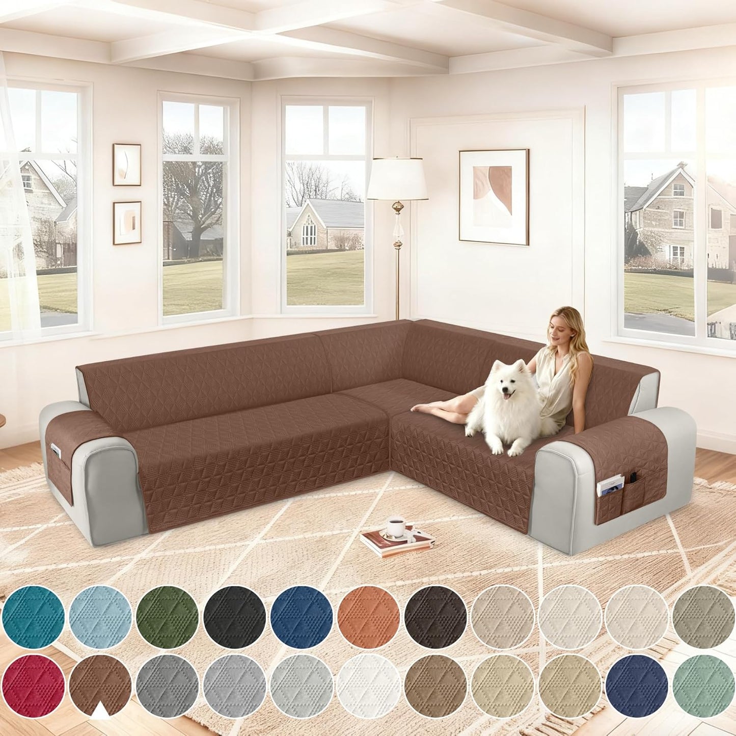 Corner Sectional Couch Covers Washable L Shape Sofa Cover, with Adjustable Strap  for Pet Dog (X-Large, Coffee)