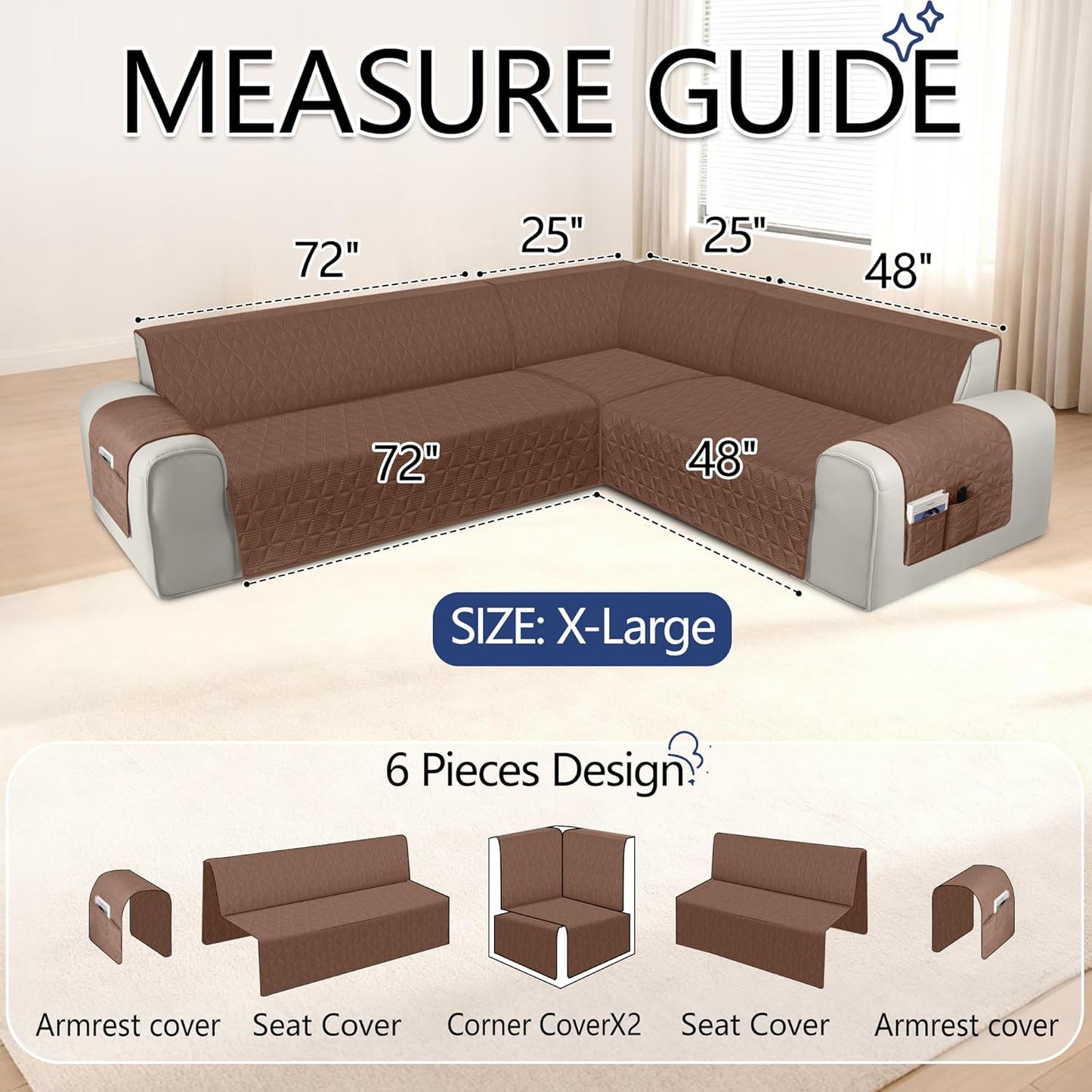 Corner Sectional Couch Covers Washable L Shape Sofa Cover, with Adjustable Strap  for Pet Dog (X-Large, Coffee)