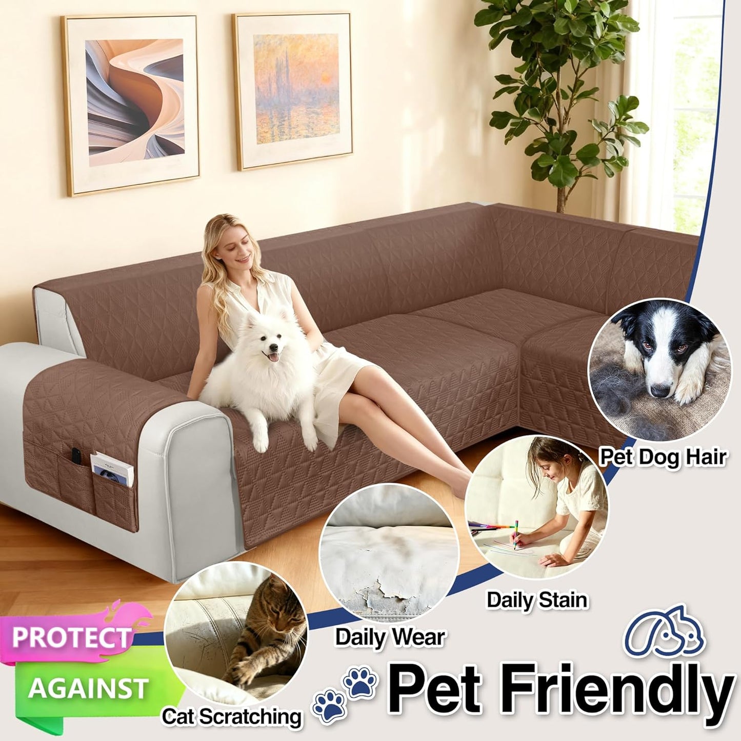 Corner Sectional Couch Covers Washable L Shape Sofa Cover, with Adjustable Strap  for Pet Dog (X-Large, Coffee)