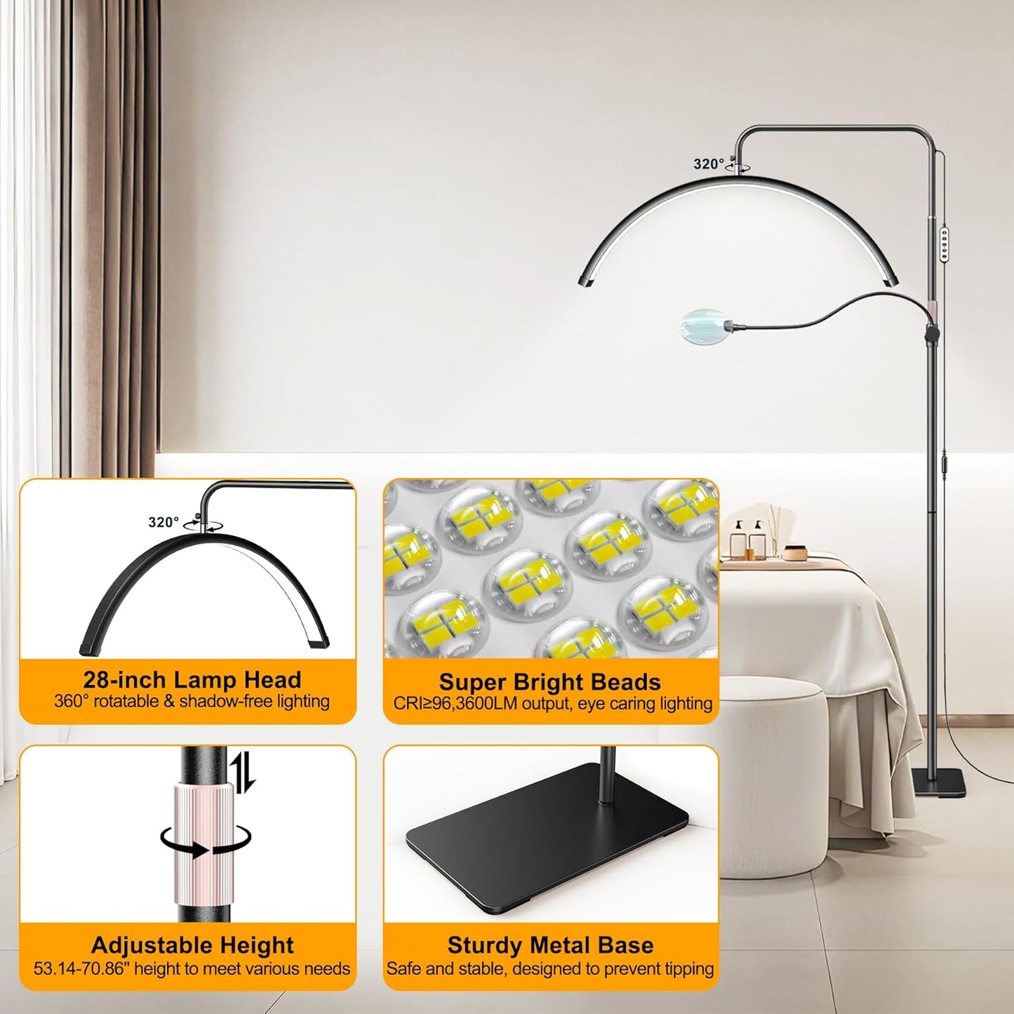 28' Half Moon Lash Light - Lash Lamp with 4X Magnifier & Phone Holder, Esthetician Light, for Eyelash Extensions,Nail