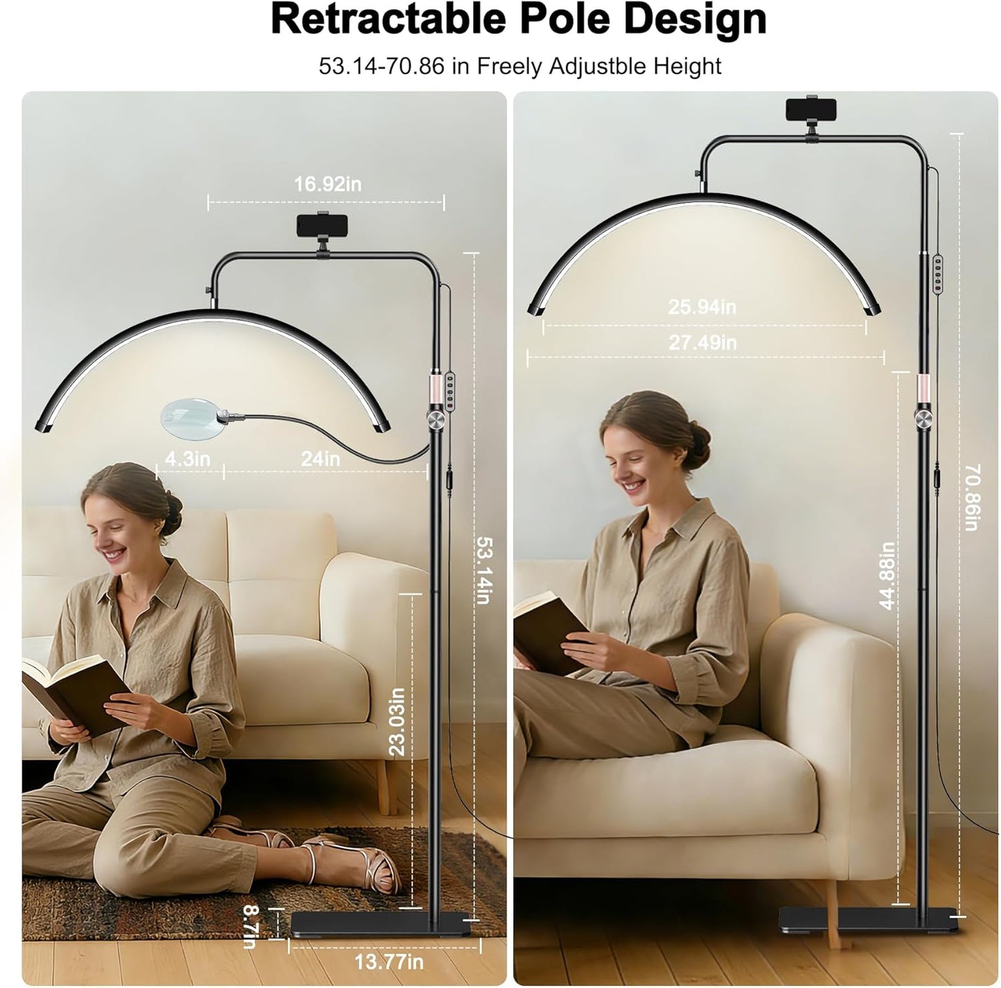 28' Half Moon Lash Light - Lash Lamp with 4X Magnifier & Phone Holder, Esthetician Light, for Eyelash Extensions,Nail