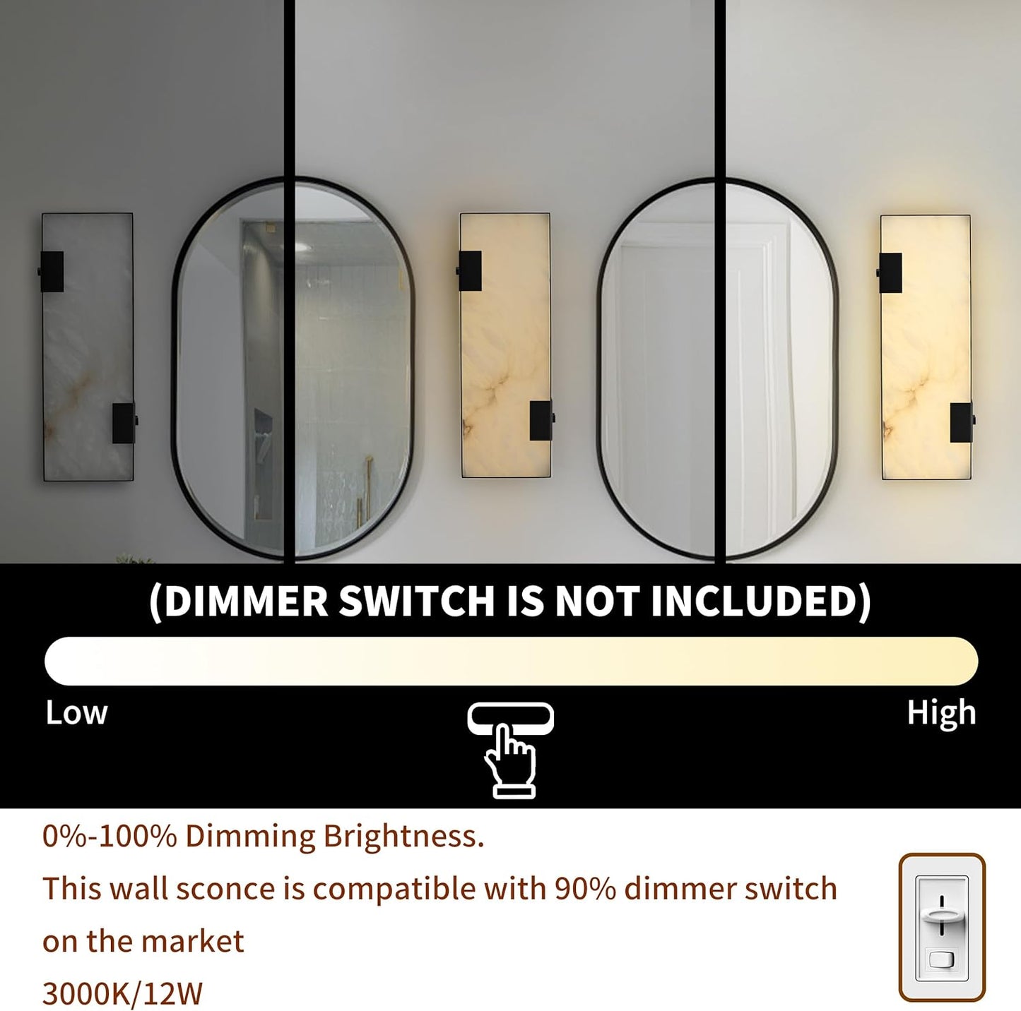 Modern Alabaster Wall Sconce 14.17' Black Frame with Natural Marble Shade, Dimmable 3000K Warm Glow
