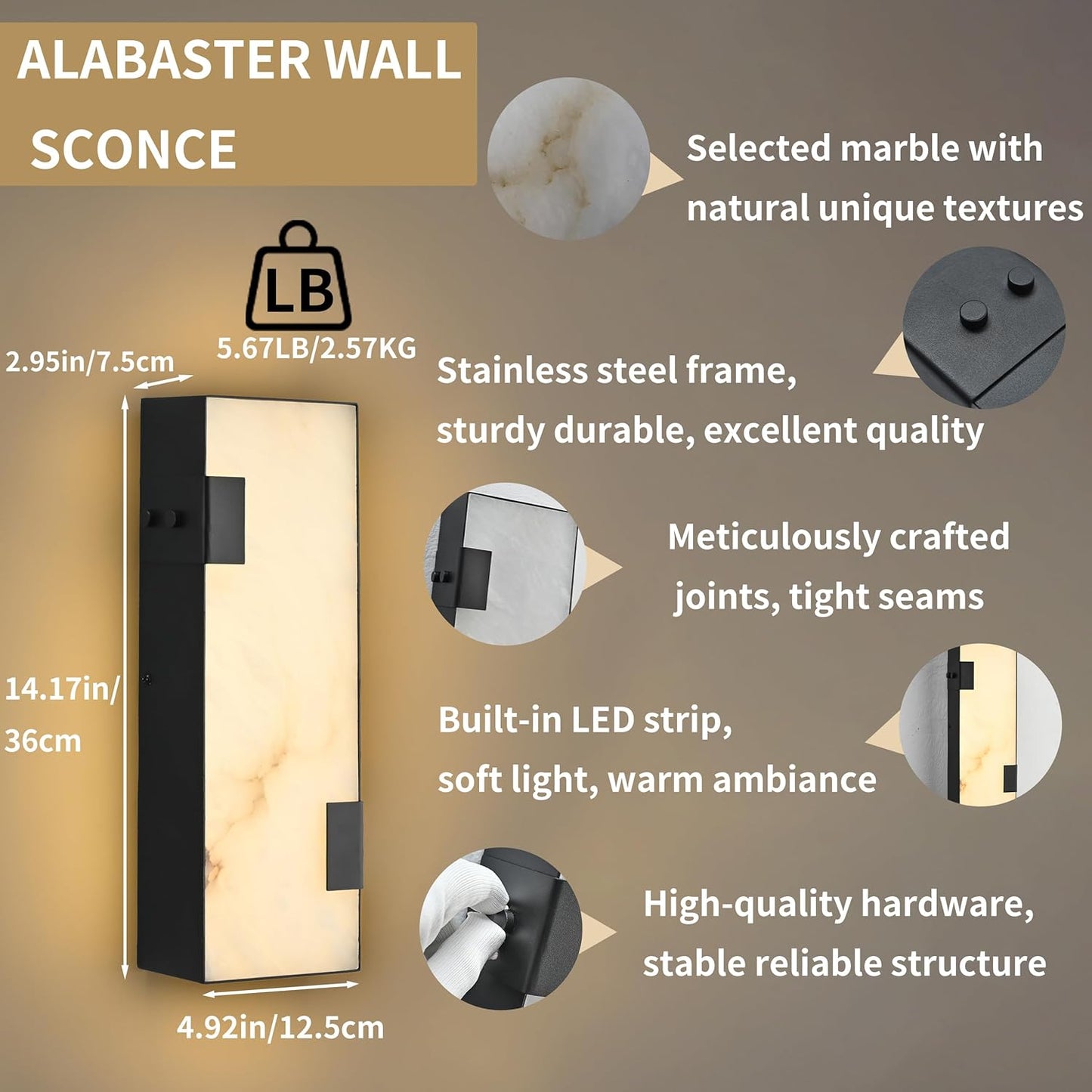 Modern Alabaster Wall Sconce 14.17' Black Frame with Natural Marble Shade, Dimmable 3000K Warm Glow