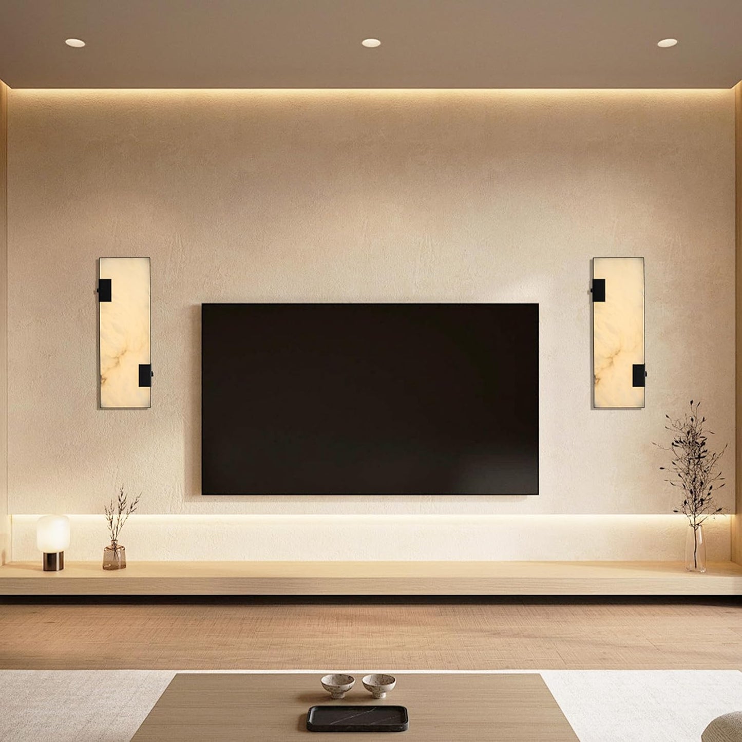 Modern Alabaster Wall Sconce 14.17' Black Frame with Natural Marble Shade, Dimmable 3000K Warm Glow