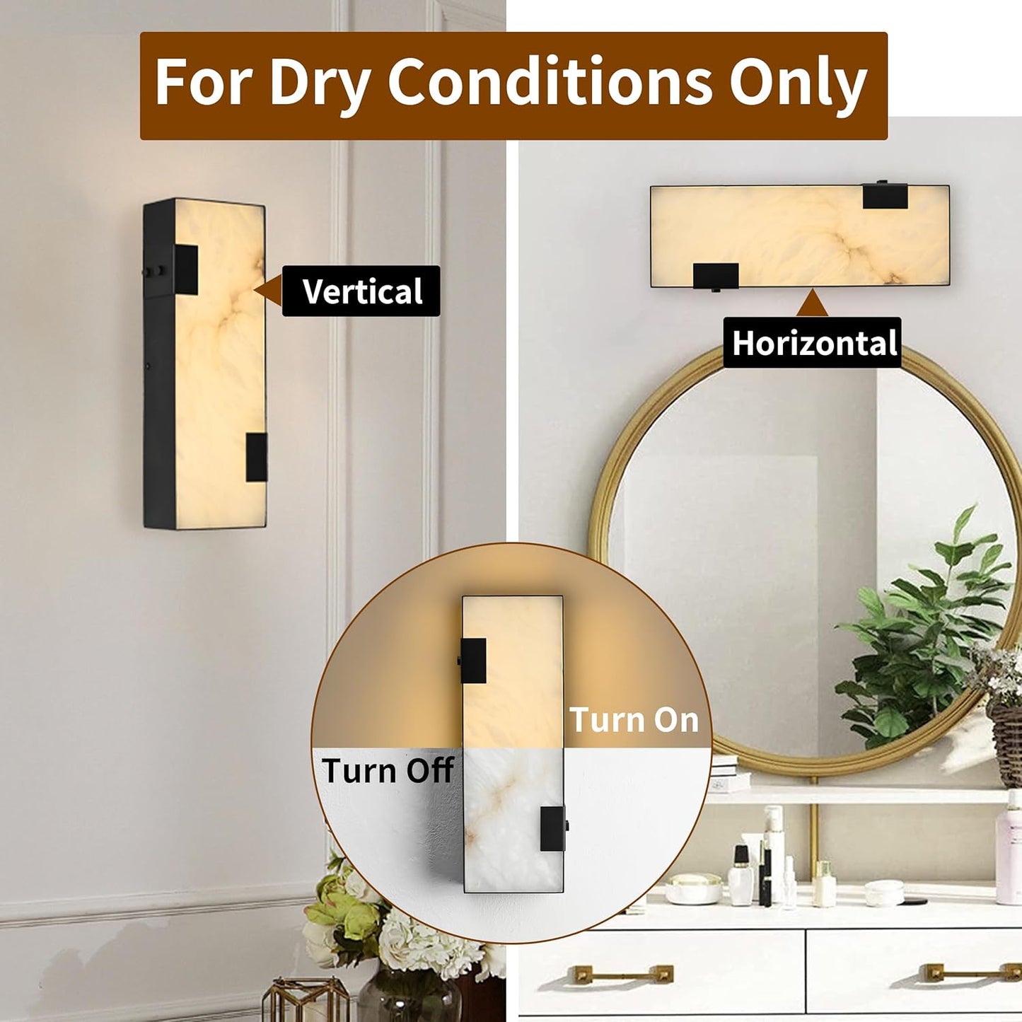 Modern Alabaster Wall Sconce 14.17' Black Frame with Natural Marble Shade, Dimmable 3000K Warm Glow