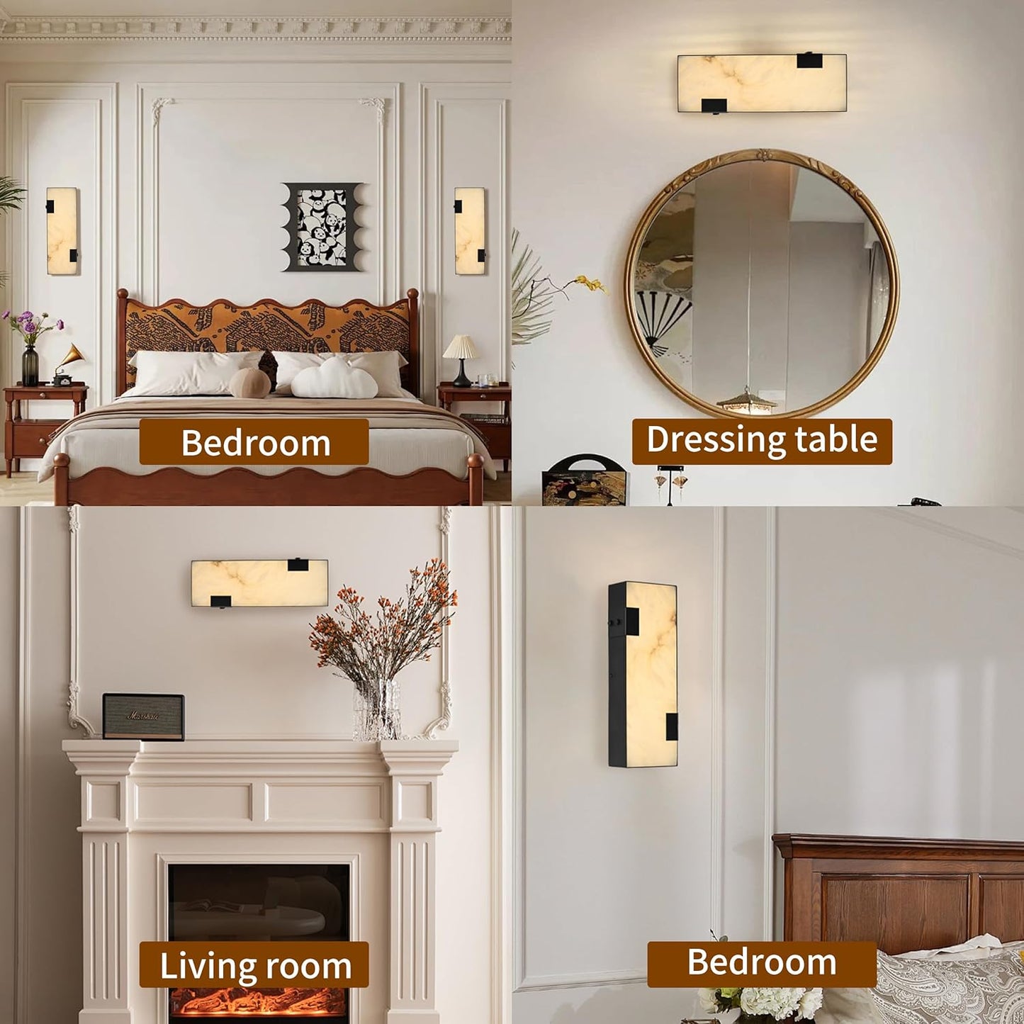 Modern Alabaster Wall Sconce 14.17' Black Frame with Natural Marble Shade, Dimmable 3000K Warm Glow