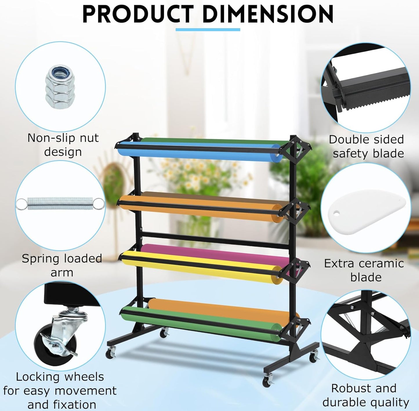 Butcher Paper Roll Dispenser Rack and Cutter Holds Up to 8 Roll 36'' W x 9' Dia Roll