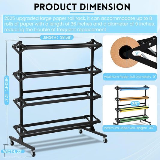 Butcher Paper Roll Dispenser Rack and Cutter Holds Up to 8 Roll 36'' W x 9' Dia Roll