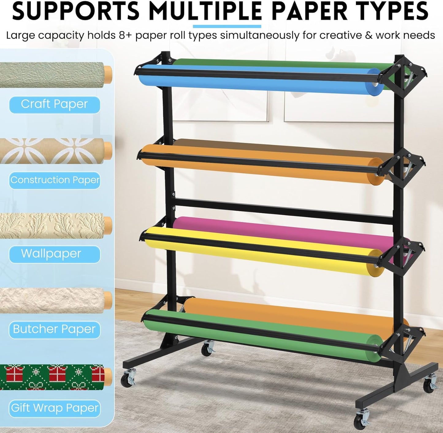 Butcher Paper Roll Dispenser Rack and Cutter Holds Up to 8 Roll 36'' W x 9' Dia Roll