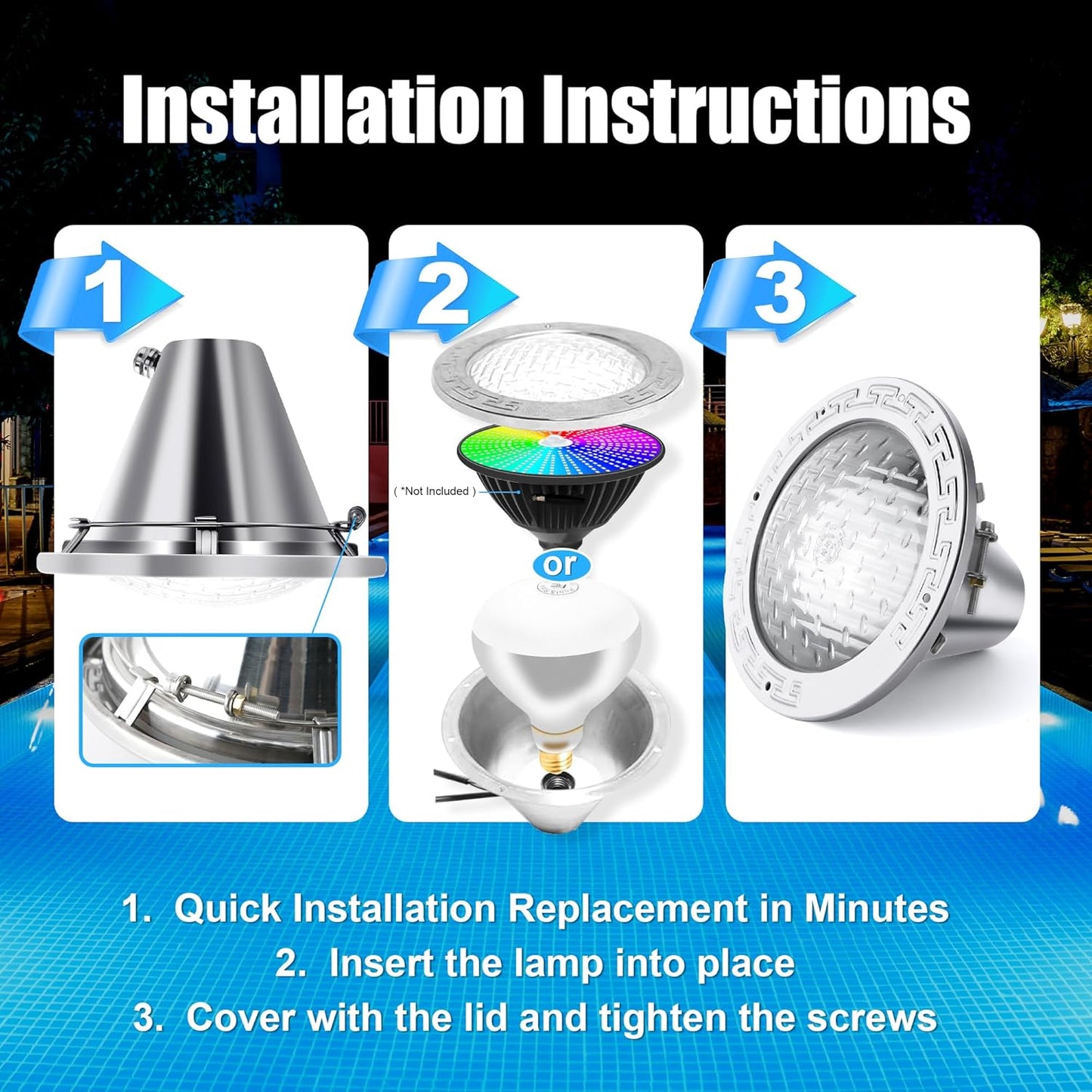 Pool Lights for Inground Pools, 10 120V 500W, 50 ft Cord, Fits 10, Waterproof & Spa Light for Above Ground Pools,