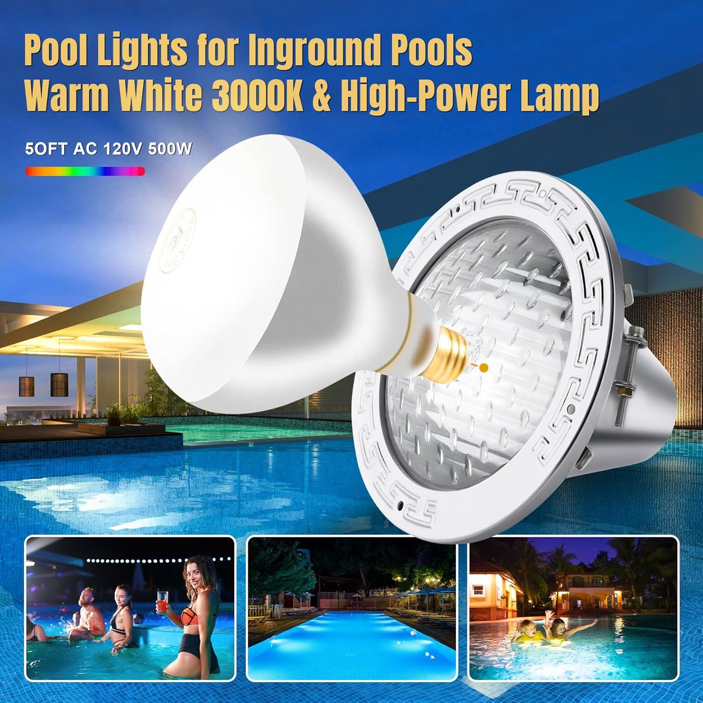 Pool Lights for Inground Pools, 10 120V 500W, 50 ft Cord, Fits 10, Waterproof & Spa Light for Above Ground Pools,