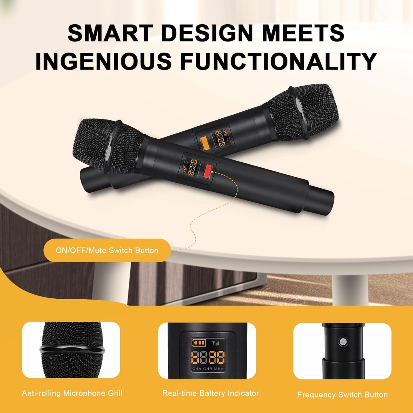 4-Channel Wireless Microphone System, UHF Cordless Mic Set w/ 4X 10 Frequencies, 260ft Range