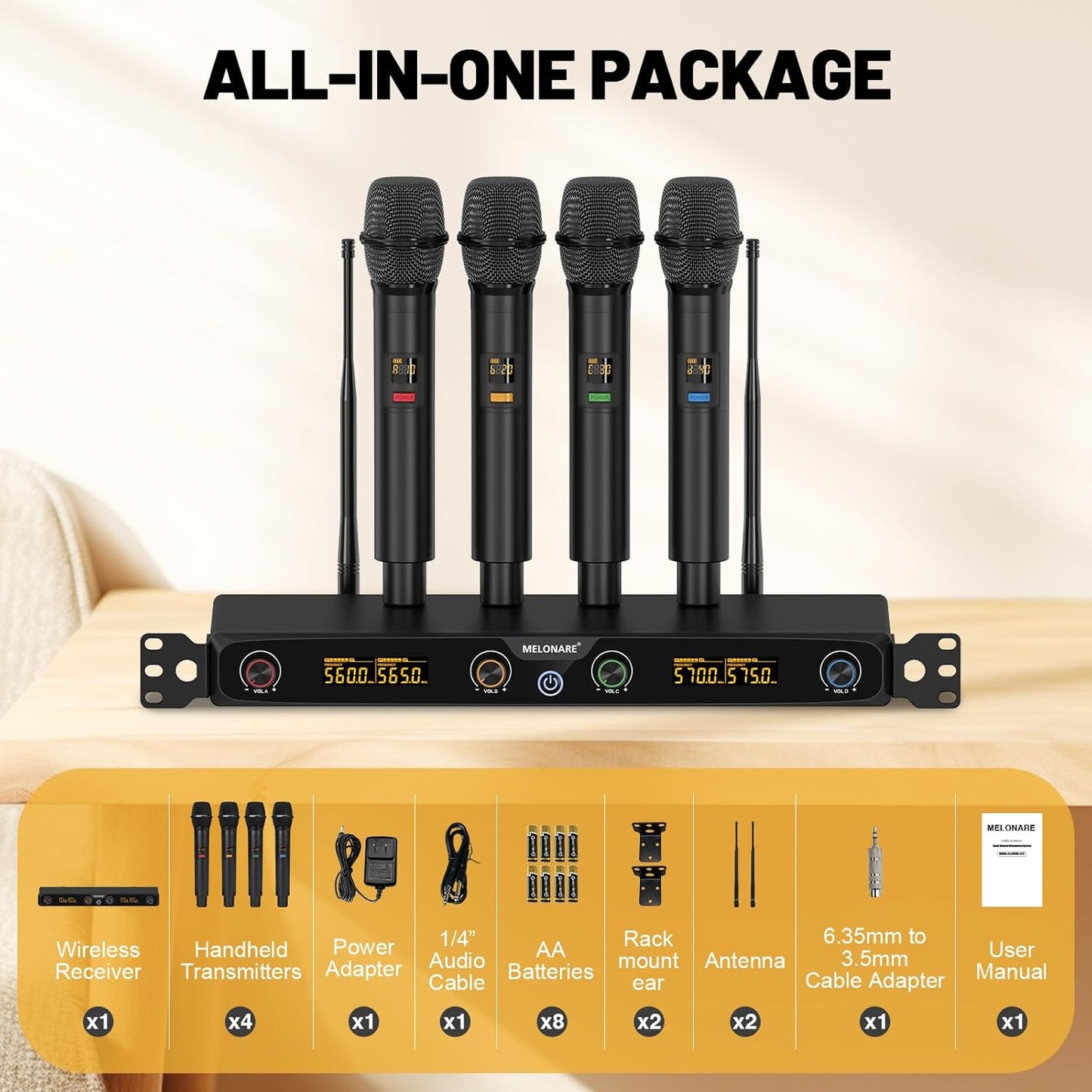 4-Channel Wireless Microphone System, UHF Cordless Mic Set w/ 4X 10 Frequencies, 260ft Range
