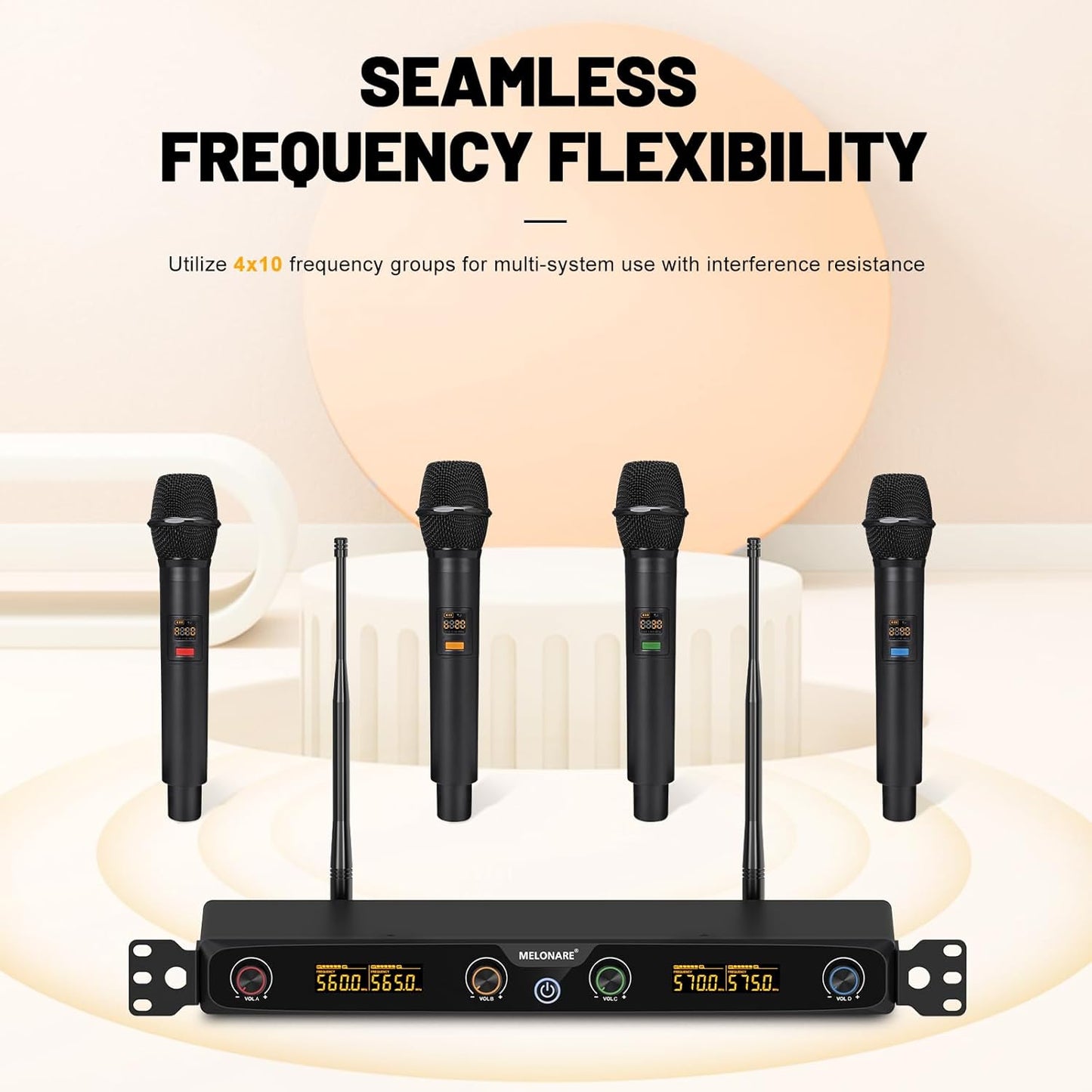 4-Channel Wireless Microphone System, UHF Cordless Mic Set w/ 4X 10 Frequencies, 260ft Range