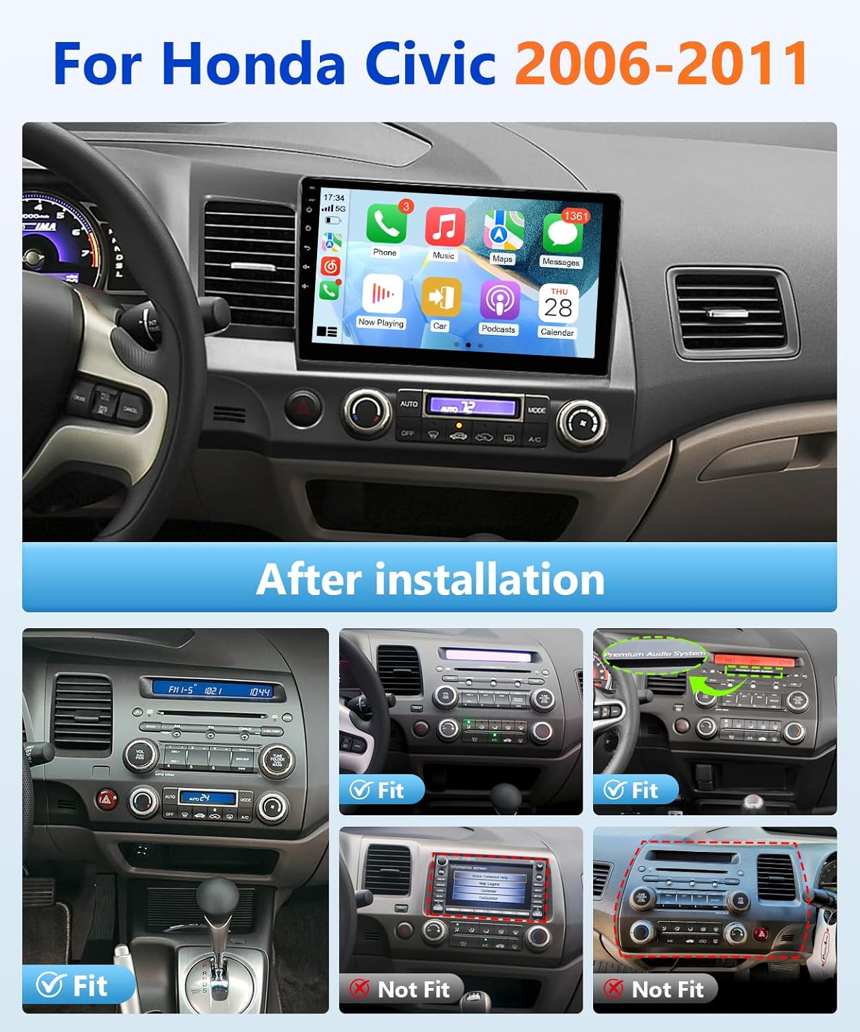 8-Core Android/Apple Carplay Stereo for Honda Civic 2006- 2011 Wireless, 10.1IN IPS Touch Screen