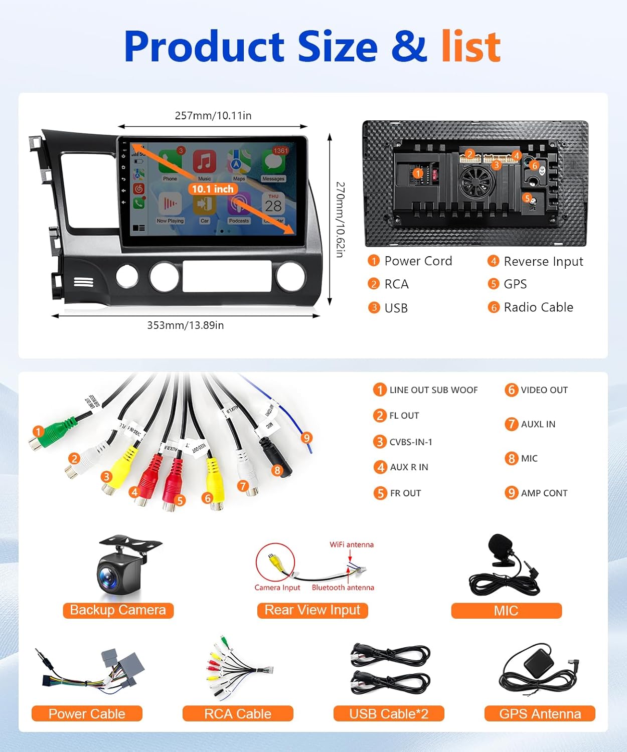 8-Core Android/Apple Carplay Stereo for Honda Civic 2006- 2011 Wireless, 10.1IN IPS Touch Screen