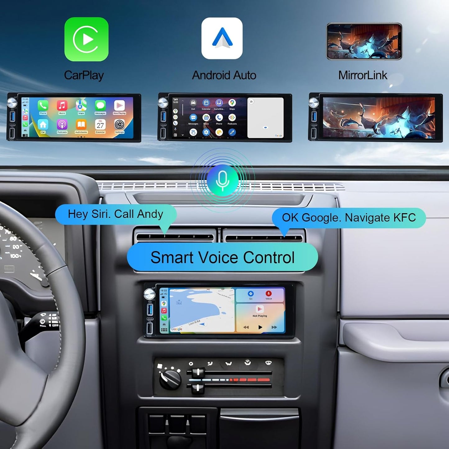 6.9-Inch Single Din Touchscreen Car Stereo, Type-C&USB Single Din Wired/Wireless Carplay Android
