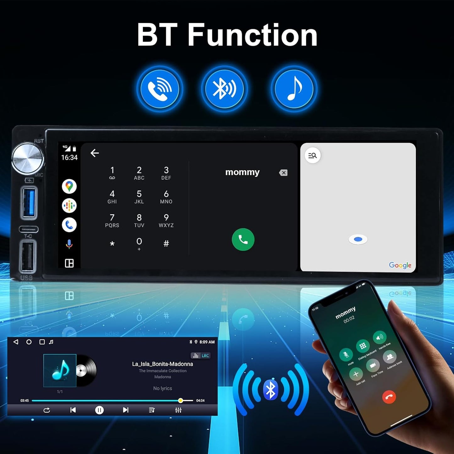 6.9-Inch Single Din Touchscreen Car Stereo, Type-C&USB Single Din Wired/Wireless Carplay Android