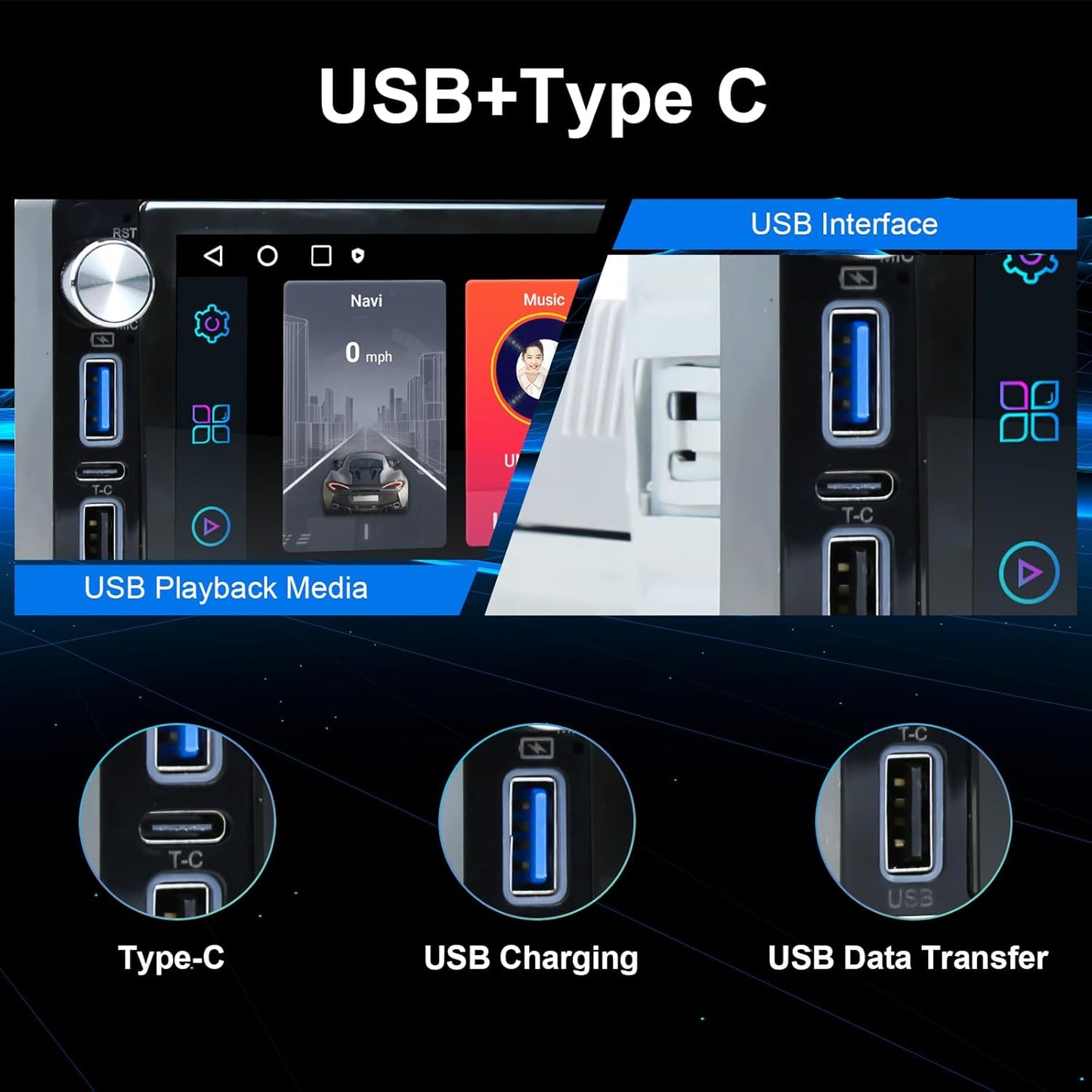 6.9-Inch Single Din Touchscreen Car Stereo, Type-C&USB Single Din Wired/Wireless Carplay Android