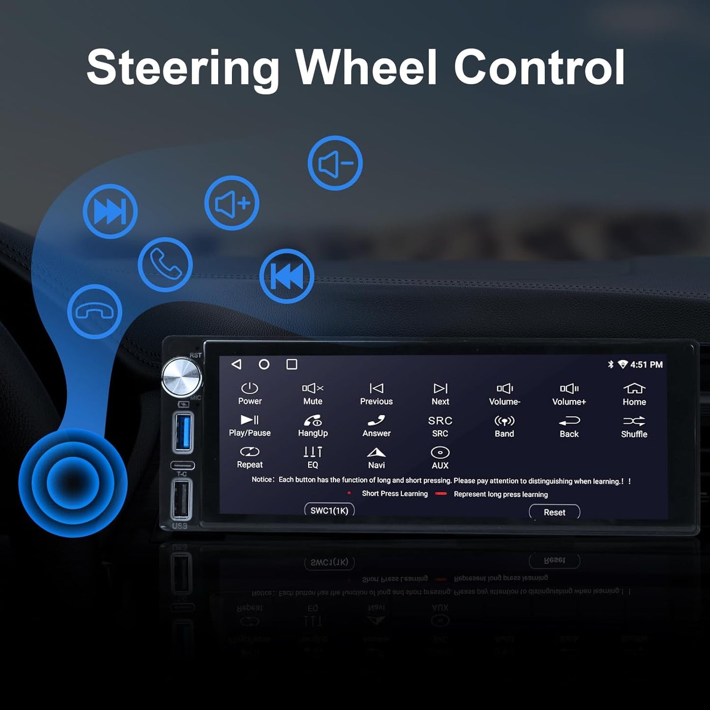 6.9-Inch Single Din Touchscreen Car Stereo, Type-C&USB Single Din Wired/Wireless Carplay Android