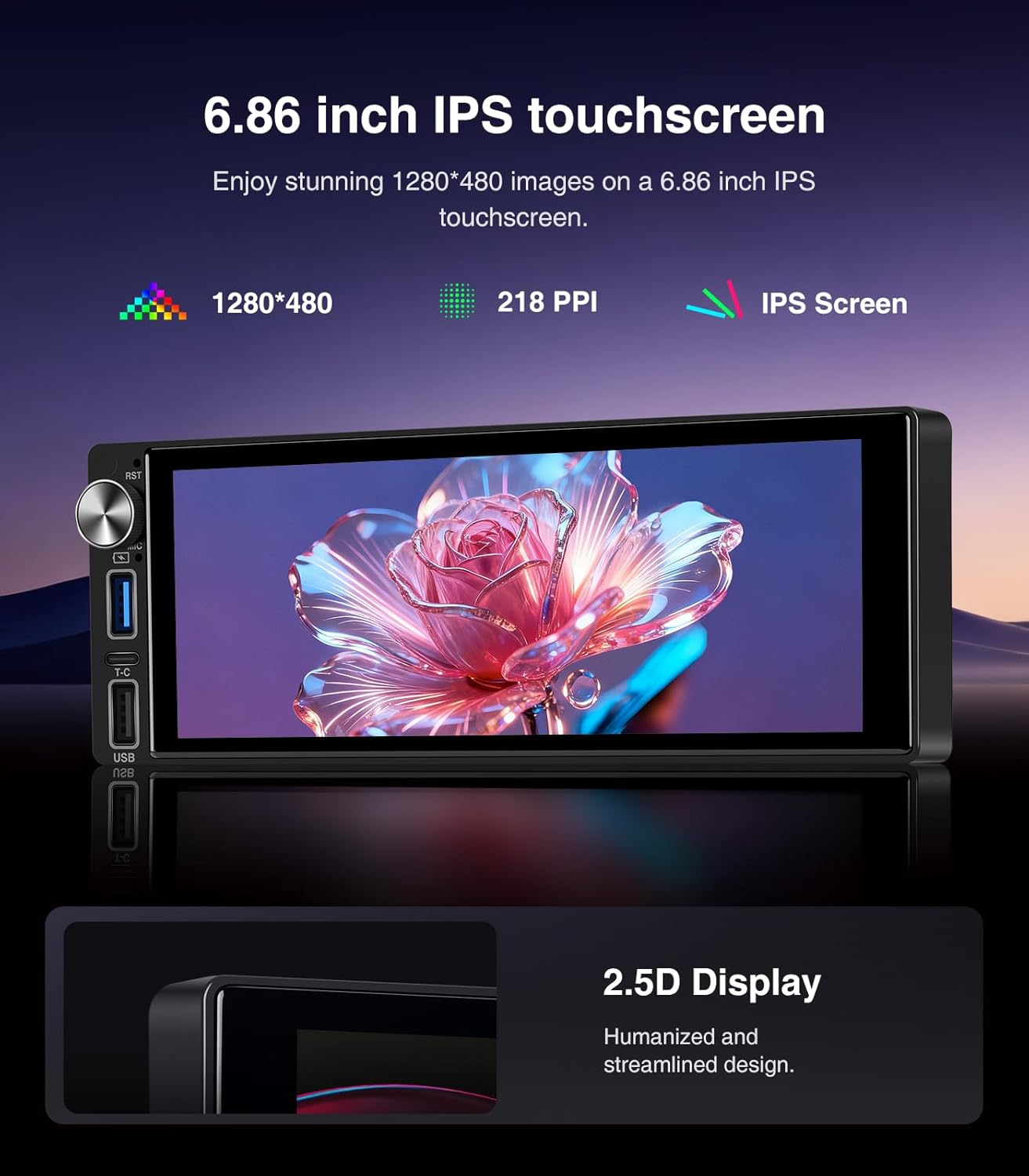 6.9-Inch Single Din Touchscreen Car Stereo, Type-C&USB Single Din Wired/Wireless Carplay Android