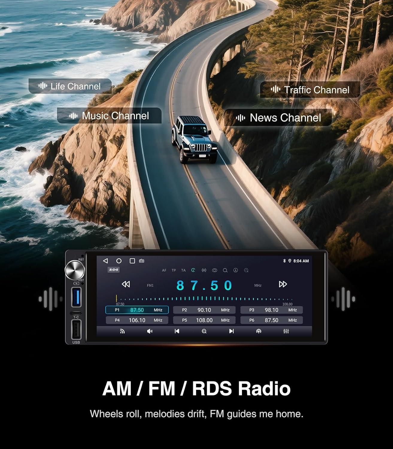 6.9-Inch Single Din Touchscreen Car Stereo, Type-C&USB Single Din Wired/Wireless Carplay Android