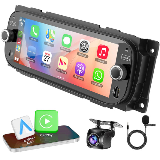 4+64G Car Radio with Quick Charging for Dodge Ram&Jeep Wrangler Grand Cherokee, 6.8 Inch Car Stereo Built-in Carplay Android Auto,GPS Navigation, Back-up Camera, Bluetooth,Android 13