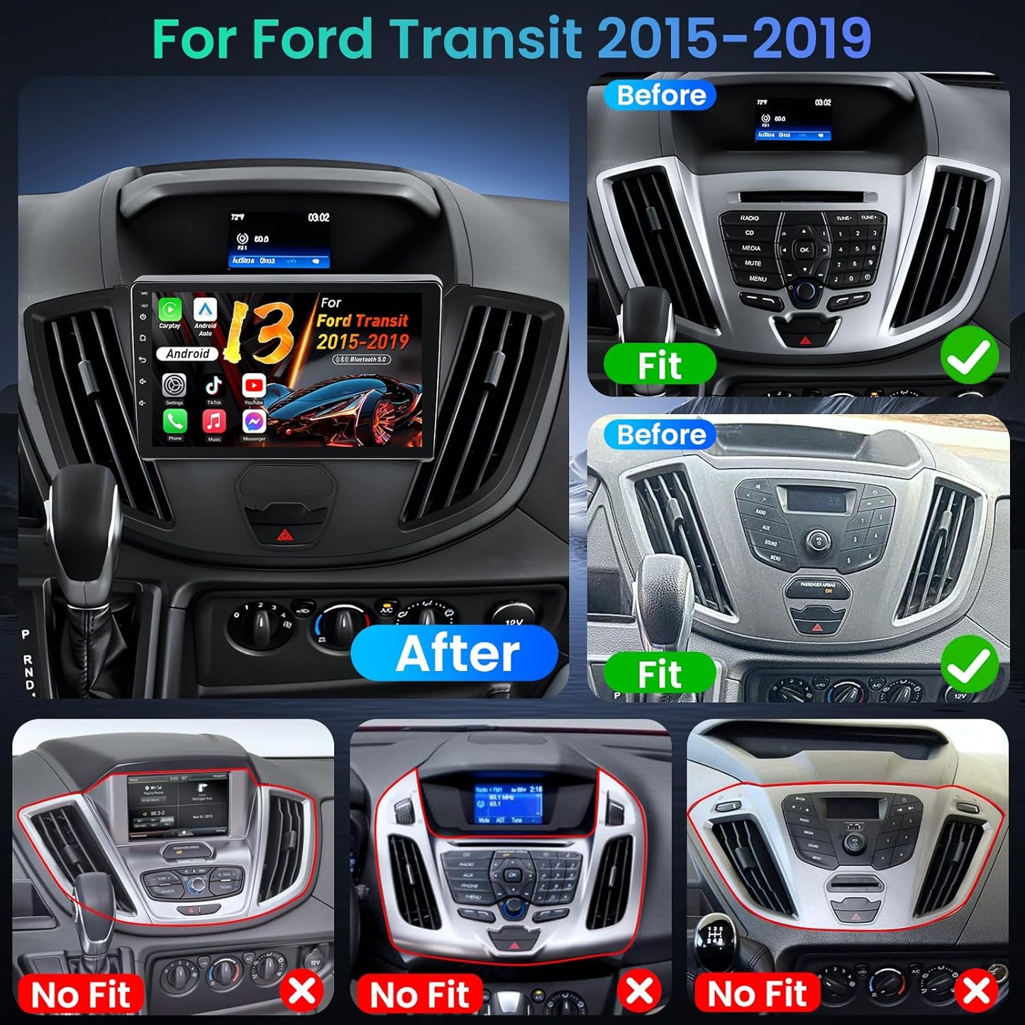 Radio Stereo for Ford Transit 150 250 350 2015-2019, 9 Inch IPS Touchscreen, Wireless CarPlay Android