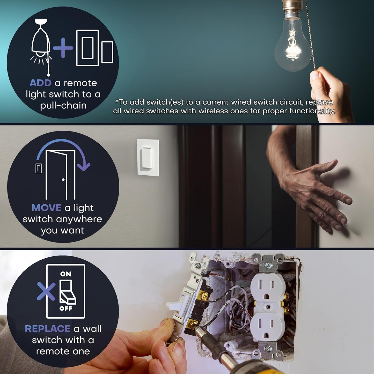 Single Pole Detachable Battery-Free Wireless Light Switch Kit 150ft RF Range, 1 Removable Magnetic Remote, White
